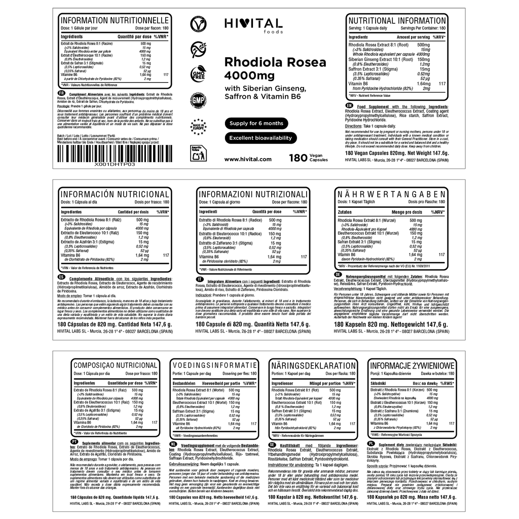  Hivital Rhodiola Rosea 4000 mg | 180 cápsulas veganas